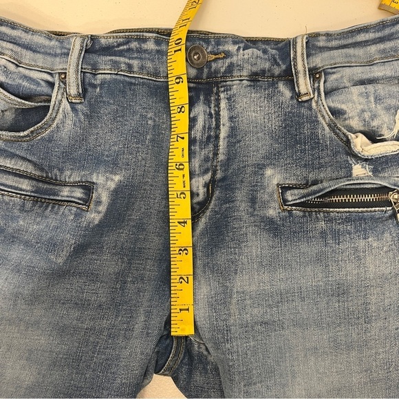 Crysp Denim Jeans Mens 36 Medium Wash Skinny Fit Distressed Patched Zippers - Picture 15 of 15